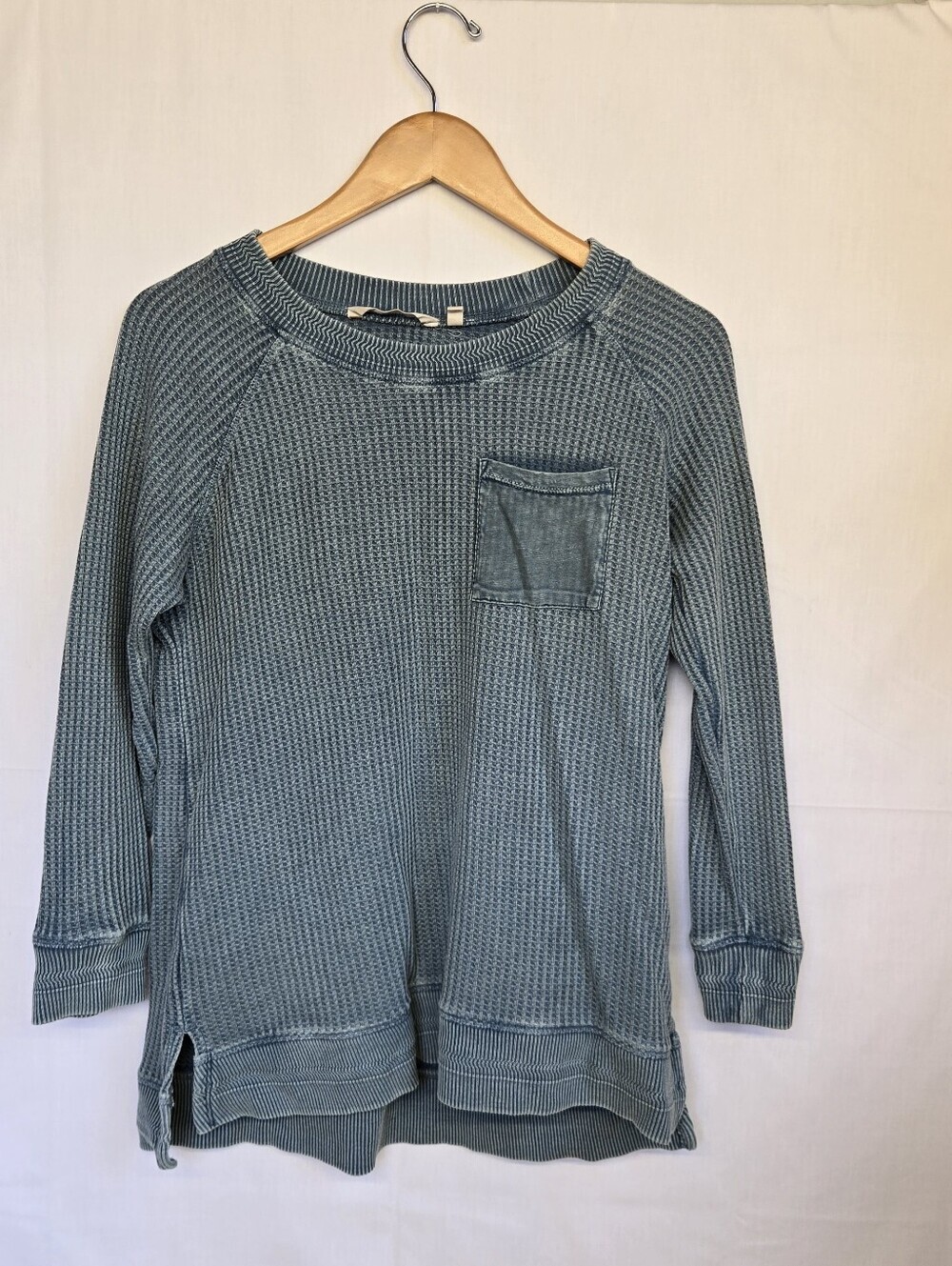 Soft Surroundings Girls Washed Blue Waffle Knit Long Sleeve Top